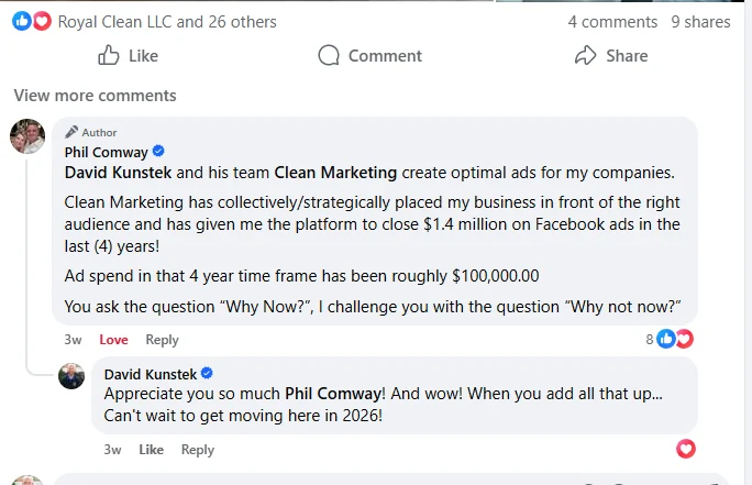 Facebook post from Phil Comway crediting Clean Marketing with $1.4 million closed on Facebook ads over four years