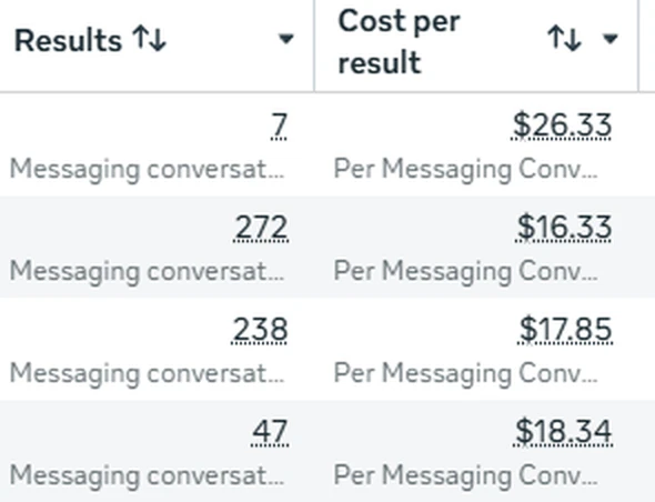 Meta Ads Manager: 272 and 238 messaging conversations at $16.33 and $17.85