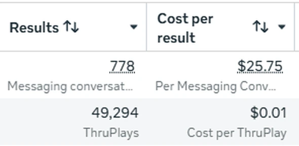 Meta Ads Manager: 778 messaging conversations at $25.75 and 49,294 ThruPlays at one cent